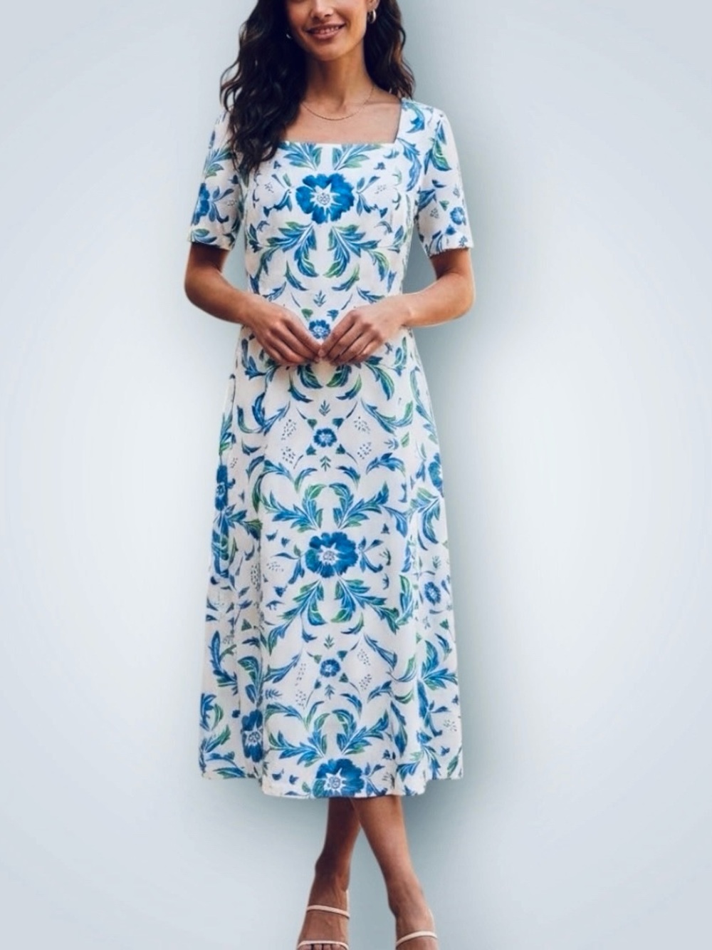Talbots Women’s 10 Floral Square Neck Fit & Flare Midi Dress - White/Blue
